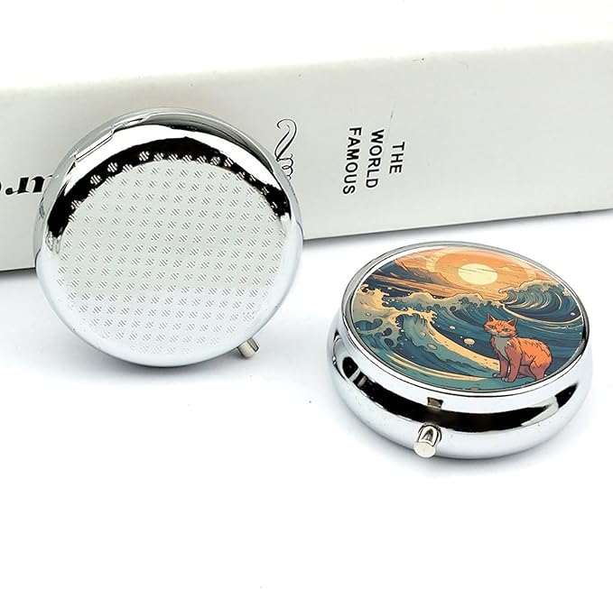 Anime Style Cat Pill Box Travel Pill Case for Purse Pocket Weekly Medicine Organizer with Mirror 3 Compartment Round Medicine Case Portable PillcaseHolder for Daily