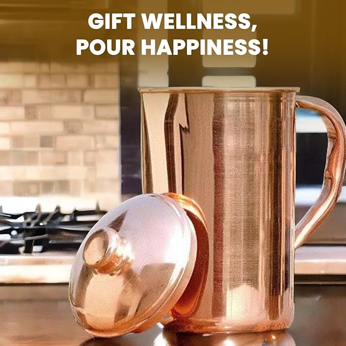100% Pure Copper Pitcher 50.72 Oz / 1500 ml | Drinking Water Traditional Plain Pitcher With Lid | Copper Jug Handle Water Bottle | Ayurveda Health Benefits | Serving Water in Daily Use