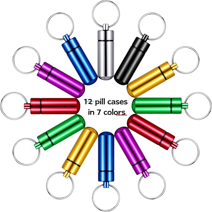 Patelai 12 Pcs Portable Keychain Pill Holder Mini Pocket Pill Case for Men Women Aluminum Geocache Containers Waterproof Metal Medicine Bottle Organizer for Outdoor Camping Travel(Colorful)