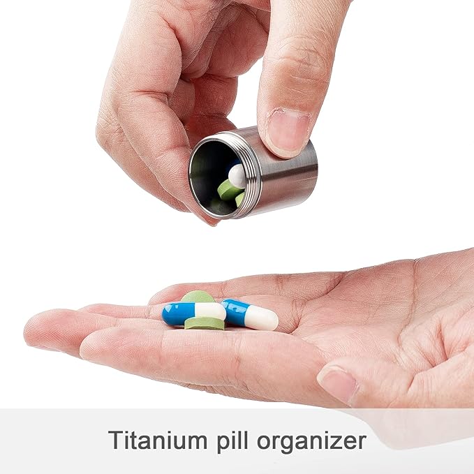 TISUR Portable Pill Cases, Metal Titanium Pill Holder Pocket Small Pill Box Keychain Waterproof Pill Bottle Medicine Organizer Case Container for Travel Purse Outdoor Camping (Titanium Pill Bottle)