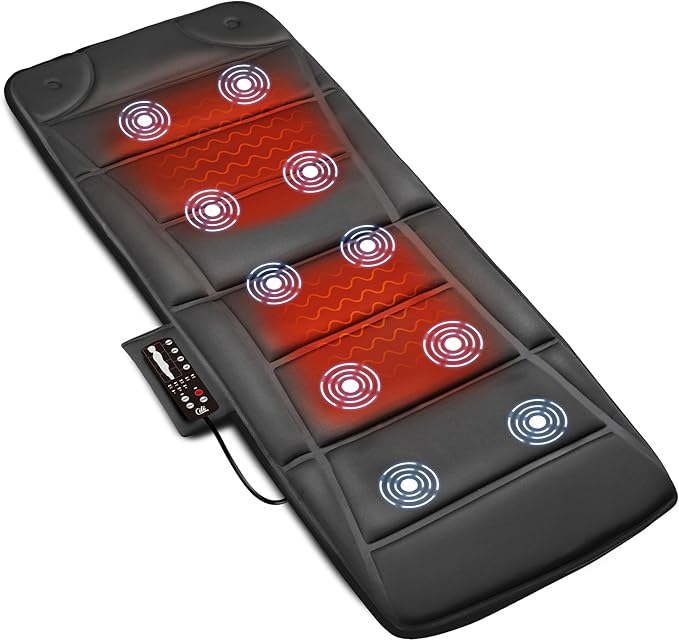 CILI Full-Body Vibration Massage Mat, 10 Motors & 5 Modes, Heated Back Massager Pad for Bed/Chair, Auto Shut-Off, Ideal Gift for Men & Women - Black