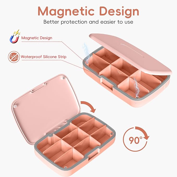 9-Compartment Magnetic Pill Organizer - Daily Pill Case with Adjustable Compartments, Waterproof Silicone Seal for Travel, Home & Office Use (Pink)