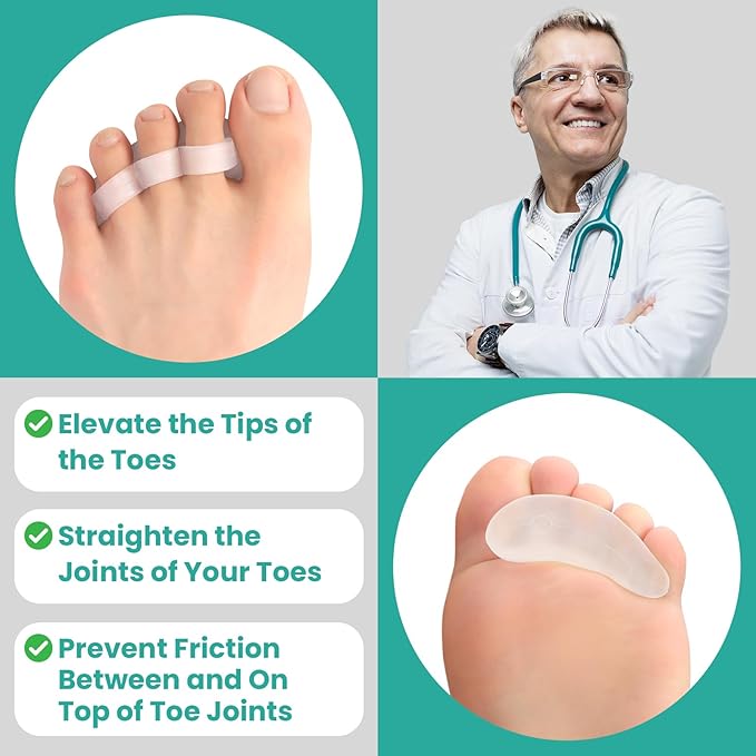 Welnove Hammer Toe Crests Straightener 4 Pcs Gel Toe Support Pads Cushion Relief for Overlapping-Curled-Hammer-Claw Toes, 3 Loop Design, Clear