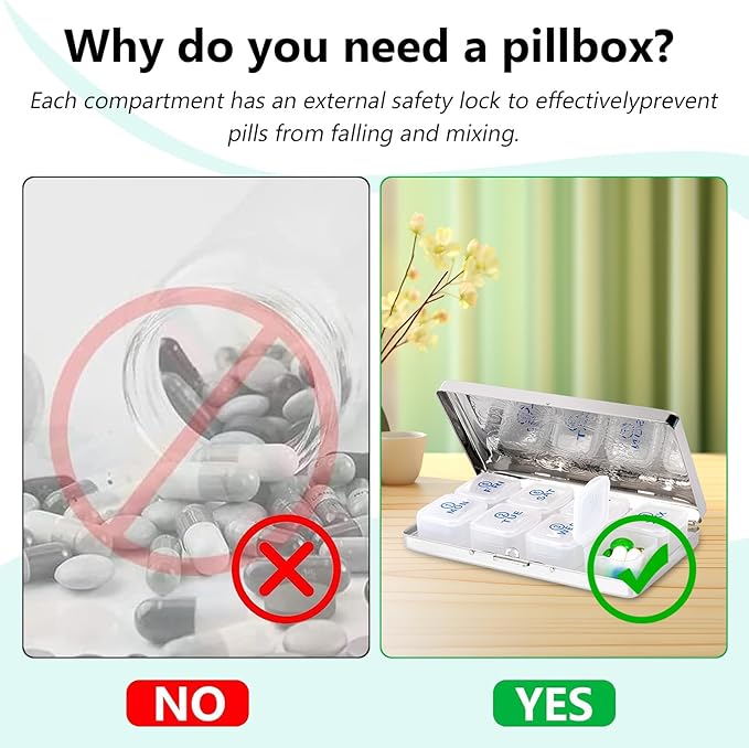 Pill Organizer 7 Days 8 Compartments, Travel Metal Pill Box, BPA-Free Portable Pill Box (Pattern Silver, Large)