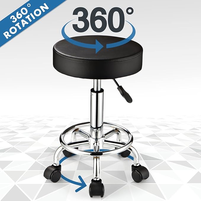 Adjustable Stool with Wheels Round Rolling Stool for Spa Salon Massage Office Chair (Black)