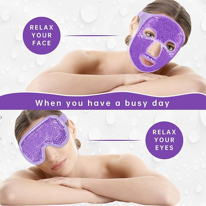 ZNÖCUETÖD Cooling Ice Face Eye Mask for Reducing Puffiness, Bags Under Eyes,Sinus,Redness,Pain Relief,Dark Circles, Migraine,Hot/Cold Pack with Soft Plush Backing (Purple(1* Eye Mask+1*Face Mask))