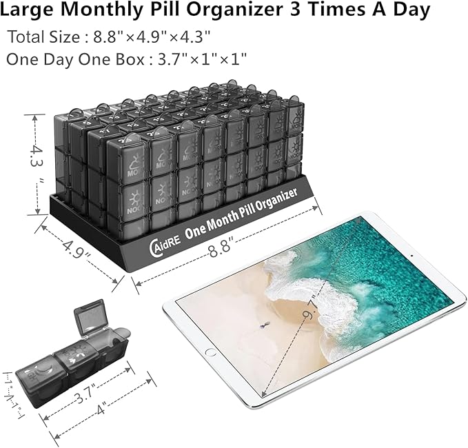 Monthly Pill Organizer 3 Times A Day, One Month Pill Box Organizer Morning-Noon-Night, 31 Day Pill Organizer with 32 Daily Compartments for Fish Oil, Vitamins, Supplements and Medications,Black