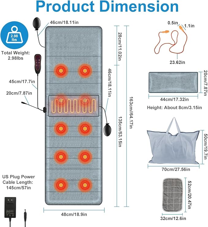 Moclever Full Body Massage Mat with Heat - 10 Motors, 3 Heat Pads, 9 Modes for Back & Leg Pain Relief - Electric Massage Pad with Lumbar Pillow