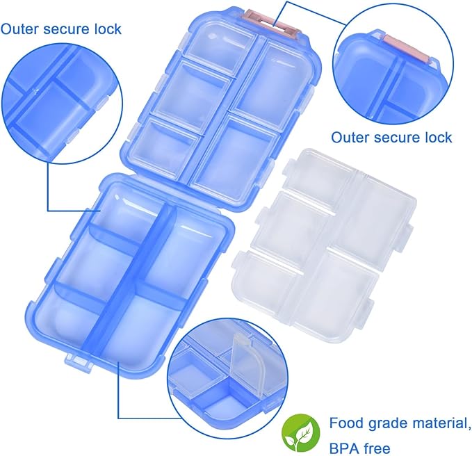 1Pack Travel Pill Organizer with 189 Medicine Labels, 10 Compartments Small Pill Case Compact and Portable Travel Pill Box for Airplane Car Purse Nurse Vacation Essentials