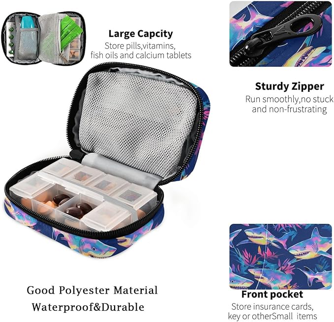 Fustylead Beautiful Tie Dye Sharks Travel Pill Organizer Case Zipper for Purse with Removable Weekly Pill Box for Medicine, Vitamin, Supplement Medicine Organizer