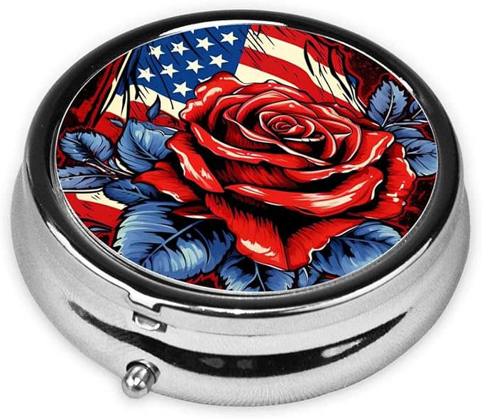 Patrotic Rose American Flag Pill Box 3 Compartment Pill Case, Portable Medicine Pill Organizer for Pocket Purse Pill Box Decorative Metal Medicine Vitamin Organizer