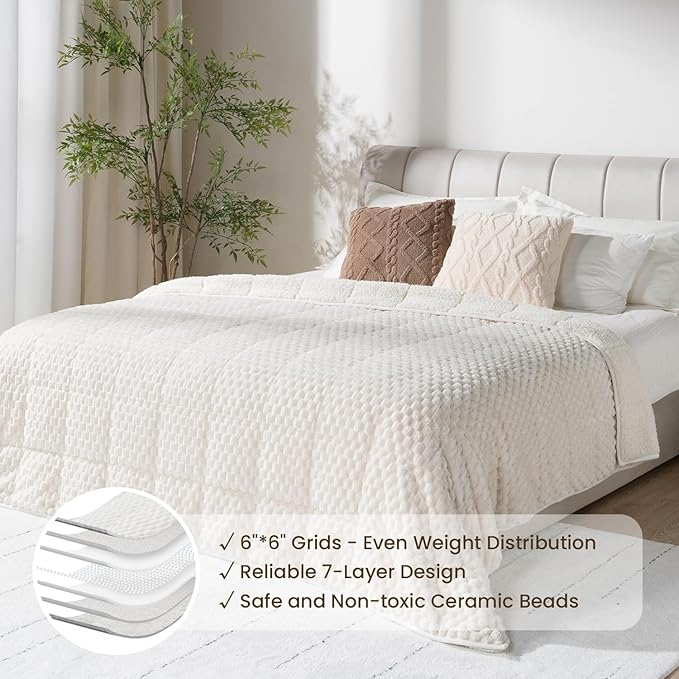 Drewin Weighted Blanket for Adults Queen Size 15lbs, Soft Cozy Turtleback Sherpa Weighted Blankets for Sleeping and Calming, Thick Bed Blanket for Couch Bed, 60 x 80 inches, Cream White