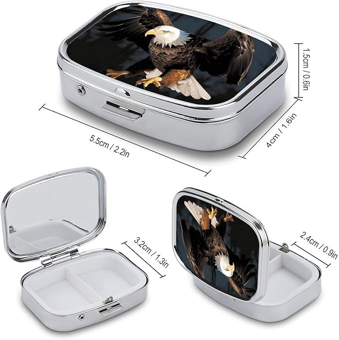 3D Bald Eagle Pill Box 2 Compartment Pill Case Portable Pocket Pill Organizer Medicine Vitamin Organizer for Men Women