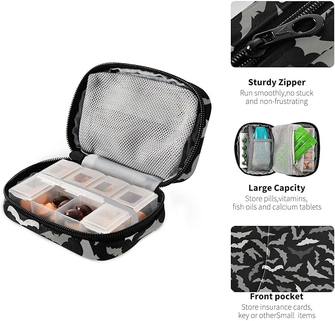 Pill Box Halloween Bats 7 Day Pill Case Travel Pill Organizer Bag with Zipper Portable Weekly Vitamin Medicine Supplement Holder Pouch Bag