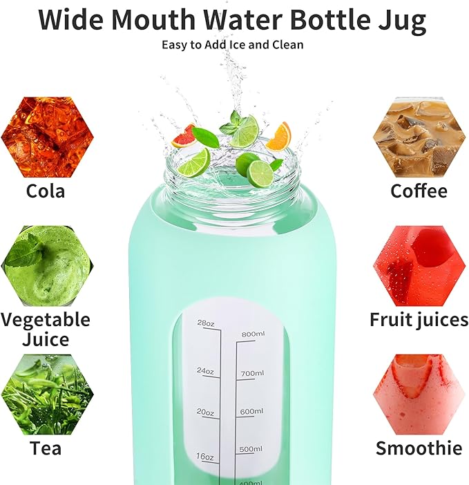 40 oz Glass Water Bottle With Straw and Handle, Sports Motivational Water Jug Flask with Silicone Sleeve, Large Water Cup with Time Marker for Travel, Gym, Army Green