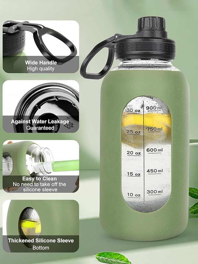 40oz Glass Water Bottle with Handle Lid Time Marker Motivational Sport Water Jug with Silicone Sleeve Water Flask Canteen Wide Mouth Water Bottle for Gym Workout Travel Office Home Everyday Hydration
