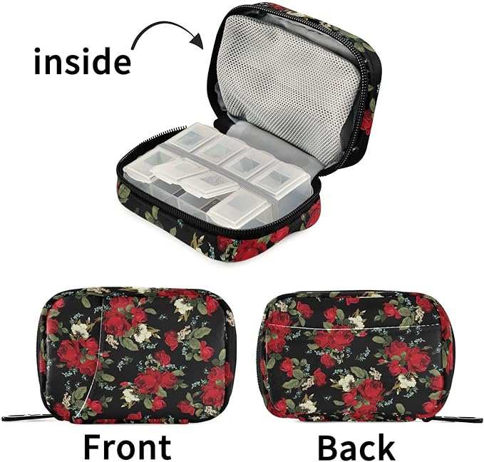 Floral Pattern Pill Case, Weekly Portable Pill Bag Container 7 Days Pill Box Organizer Vitamin Supplement Holder with Zipper for Travel Family Business