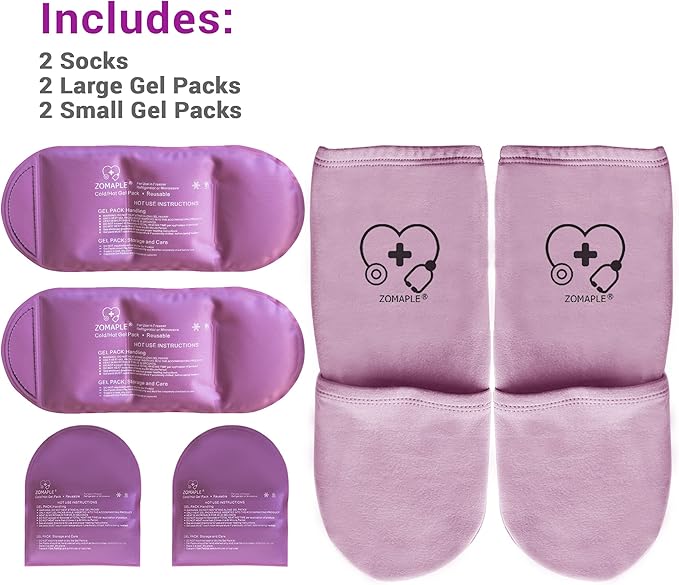 ZOMAPLE Cold Therapy Socks + Gel Packs, Lavender, Medium – Soothe Burning Feet & Reduce Swelling – Hot/Cold Use, Touch Fasteners & Comes with 2 Large & 2 Small Gel Packs – Versatile Foot Ice Pack Wrap