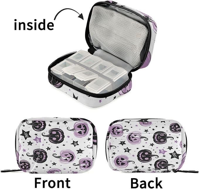 Halloween Spooky Pumpkins Purple Travel Pill Organizer Case Box Container Weekly Portable Vitamin Medicine Holder Storage Bag with Zipper Removable