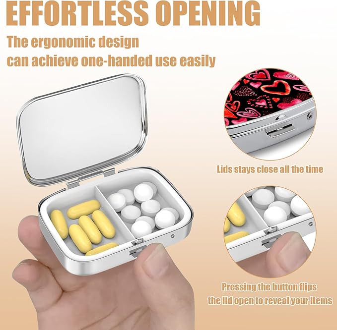 Pill Box-2 Compartment Small Pill Case Square Organizer Case with Mirror Portable Metal Medicine Box Travel Container for Pocket & Purse Women Men（Red Heart）