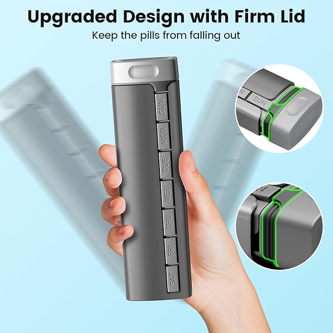 Daviky Metal Travel Pill Organizer, Premium Aluminum Pill Box 7 Day, Weekly Daily Pill Case, Stylish&Cute Pill Holder for Medicines, Supplements and Vitamins (Gray)