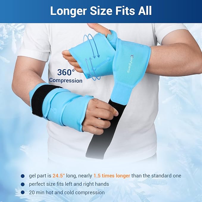 Comfytemp 24.5" Extra Long Wrist Ice Pack Wrap for Carpal Tunnel Relief, Reusable Gel Wrist Brace Hot Cold Compress for Hand Forearm Pain, Injuries, Arthritis, 2 Packs