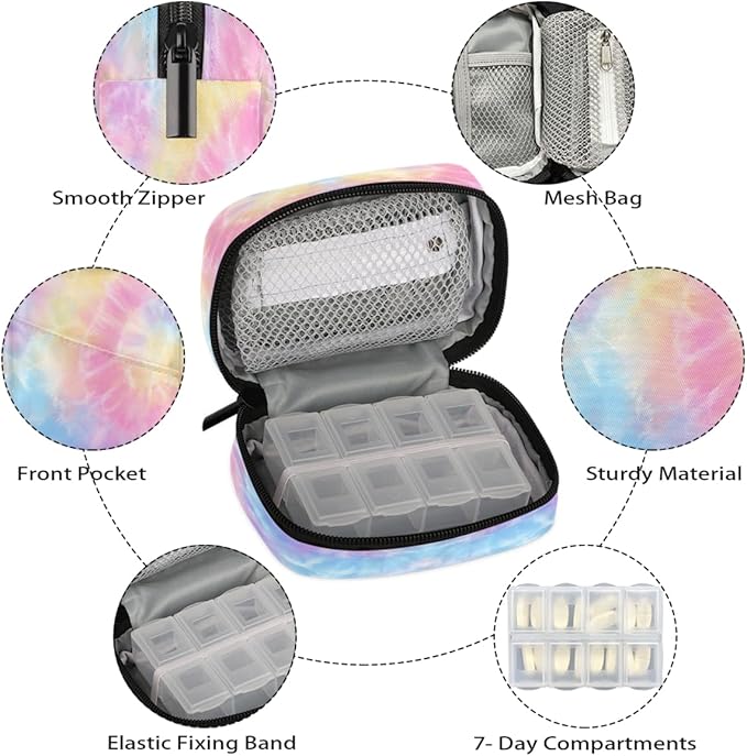 Tie Dye Beautiful Rainbow Pill Case Travel Pill Organizer Weekly 7 Day Portable with Zipper Medicine Box Pill Case for Vitamins, Birth Control,Fish Oils,Medication, Supplements