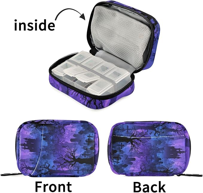 Halloween Graveyard Trees Purple Travel Pill Organizer Case Box Container Weekly Portable Vitamin Medicine Holder Storage Bag with Zipper Removable