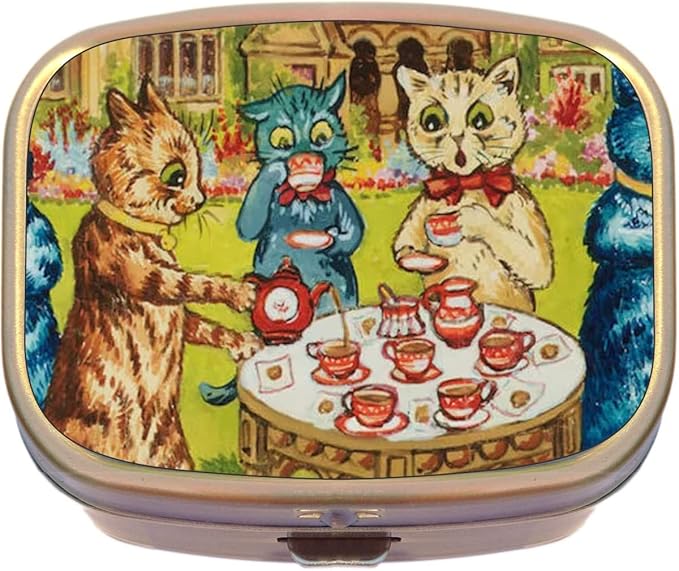 Wain Cat Vintage Tea Party Brass Rectangle Pill Box