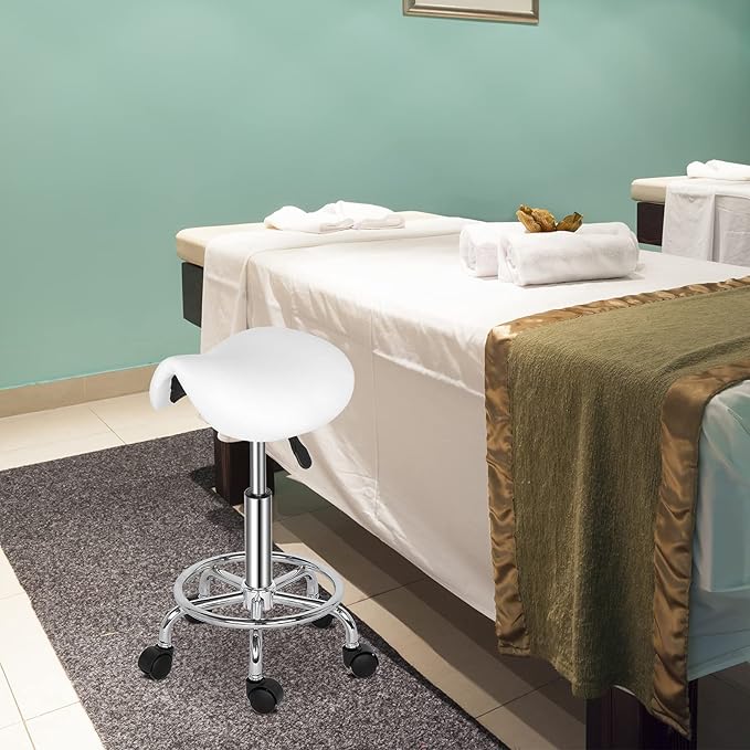 Modern Rolling Saddle Seat Stool Chair,PU Leather Swivel Adjustable Rolling Stools,Ergonomic Swivel Salon Spa Barstools,Office Drafting Chairs,with Wheels,for Home, Kitchen, Medical, Lab (White)