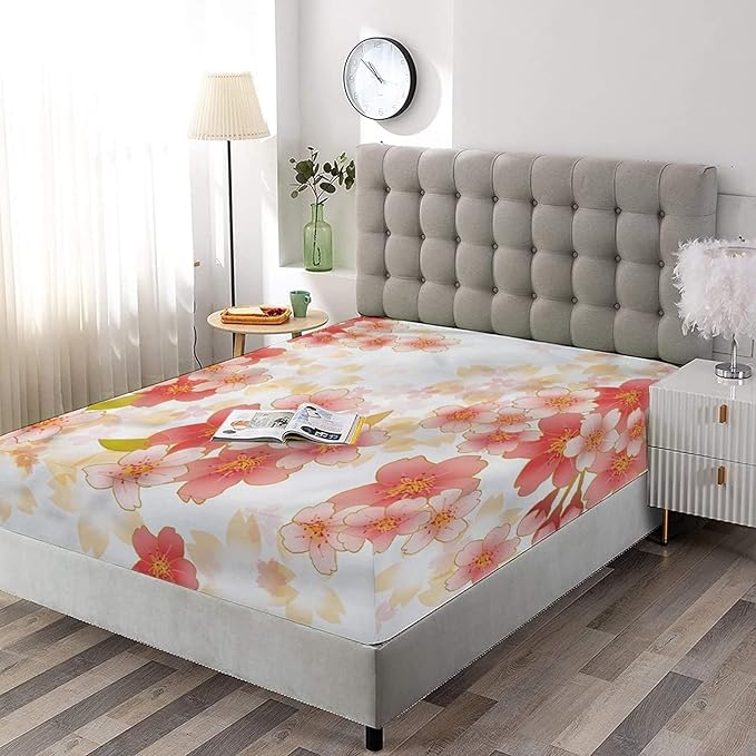 Decorative Bedding Sheet Set Cal-King Size, Floral Deep Pockets Fitted Sheet & 2 Pillow Sham Set(No Flat Sheet), Vibrant Sakura Flowers Print Microfiber 3pc Bed Sheets Set, for Boys & Girls Bedding