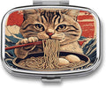 Metal 2 Compartment Pill Organizer Travel Friendly Portable Compact Pill Box Cute Pill Case,for Pocket Wallets Daily Portable Medicine Vitamin Tablet Storage (A cat Eating Noodles)