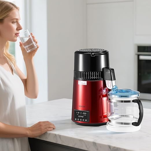VEVOR 1750W Water Distiller, 0.4Gal/H Distilled Water Maker with Glass Carafe, 4L/1.1Gal Countertop Distiller Machine, 0-99H Time Temp Dual Display, Anti-dry Design 304 Stainless Steel Still, Wine Red