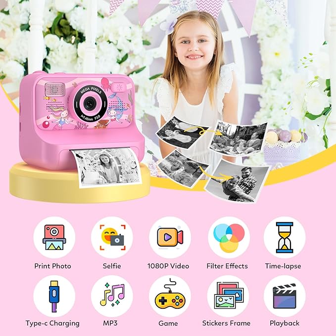 Instant Print Camera for Kids Age 3-12 Girls Boys 1080P HD Digital Video Cameras with 5 Print Paper & 32G Card Toddler Portable Travel Toys Camera for Christmas Birthday Gifts