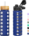 MUKOKO Glass Water Bottles, 24oz Glass Tumbler with Straw, Drinking Bottles with 2 Lids-Handle Spout Lid&Bamboo Straw Lid, Motivational Water Bottle with Time Marker and Silicone Sleeve, 1 Pack-Blue