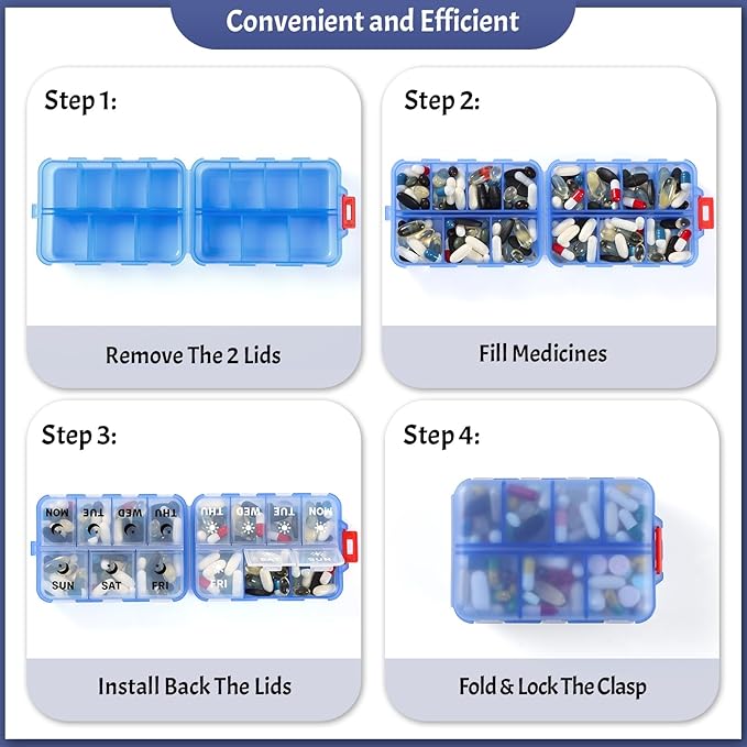Foldable & Portable Weekly Pill Organizer 2 Times a Day with Clear Printed Labels - 7 Day AM PM Medicine Box, Week Daily Travel Pill Case Holder for Medications, Vitamin, Supplement - Clear Blue