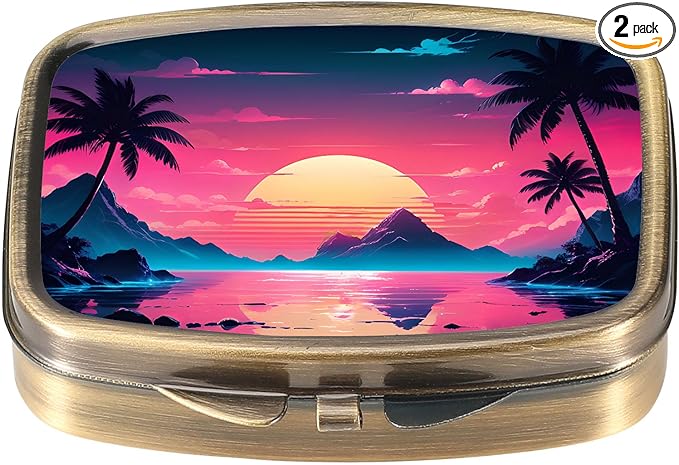 Dynippy Pill Case Pill Box with Mirror Retro Pocket 2 Compartment Medicine Case Vitamin Pill Organizer for Pocket Purse and Travel (Vintage Landscape Pattern)