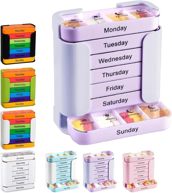7-Day Weekly Medication Organizer - Stay on Track Medication Organizer with 7 Stackable Compartments, Four Times-a-Day (Morning, Noon, Evening, Bedtime) for Organized Pill Taking (Purple)
