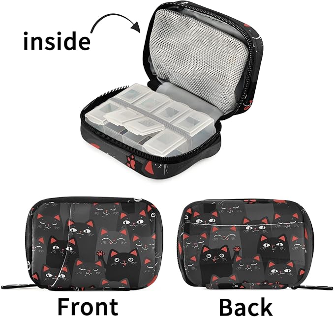 Black and Grey Cats Pill Box 7 Day Pill Case Travel Pill Organizer Bag with Zipper Portable Weekly Case Compact Size for Vitamin Supplement Holder