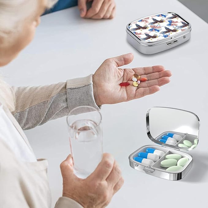 Pill Box-2 Compartment Small Pill Case Square Organizer Case with Mirror Portable Metal Medicine Box Travel Container for Pocket & Purse Women Men(Eagle Bow)