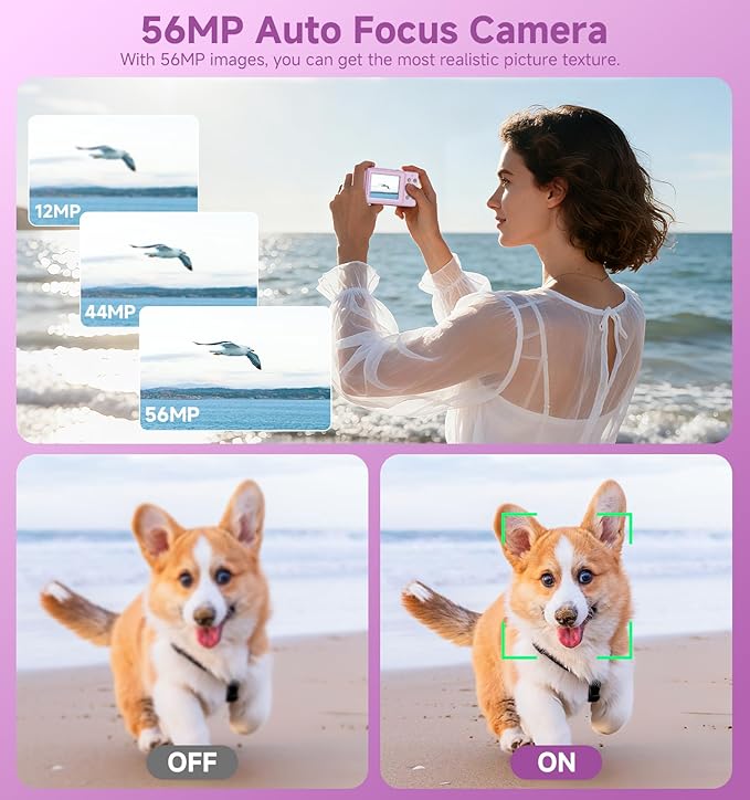Compact Camera,56MP Dual-Screen Digital Camera for Teens with Auto Focus,Smile Capture,Anti-Shake,16X Zoom,32GB SD Card Camera Digital Gift for Boys Girls Teens