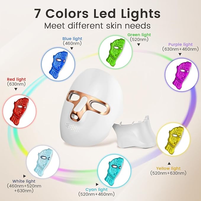 Red Light Therapy Mask for Face & Neck, LED Face Light Therapy,USB C Rechargeable,Infrared Mask for Home Working Travel Yoga (White Gold)