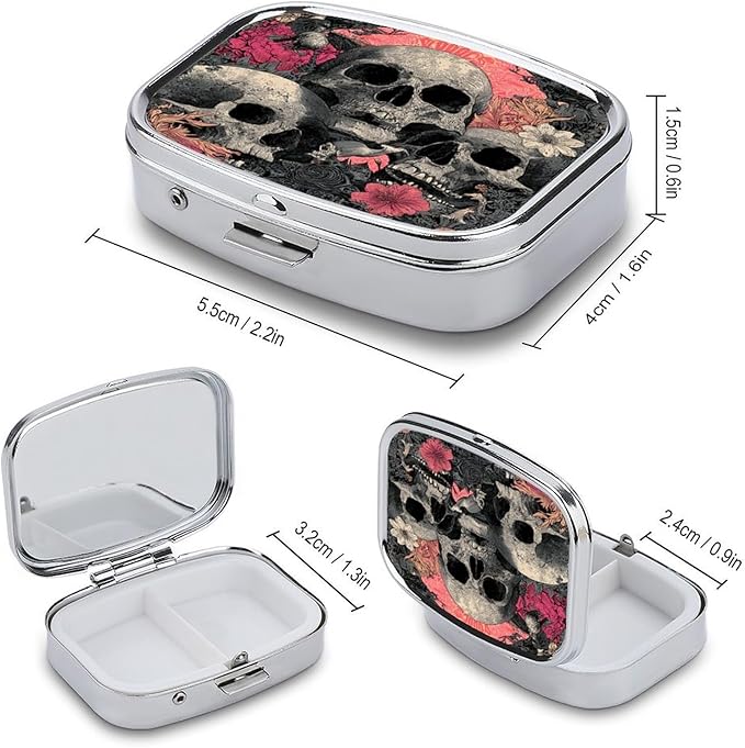Metal Pill Organizer – 2-Compartment Pocket Pill Box for Vitamins, Supplements, Medications – Compact Travel Case (Skulls in Bloom)
