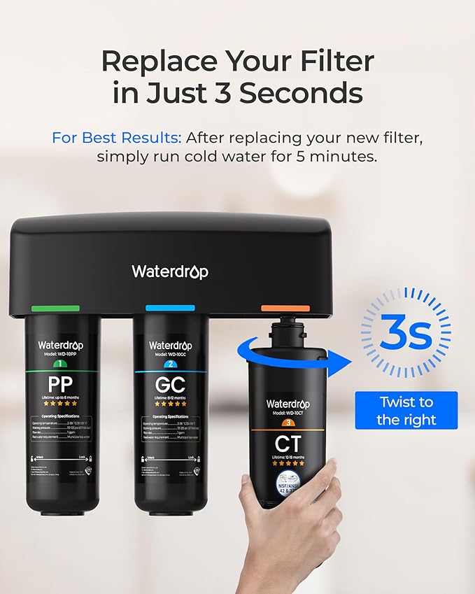 Waterdrop WD-10CT Under Sink Water Filter, Replacement for Waterdrop TSA & TSB 3-stage Under Sink Water Filter System