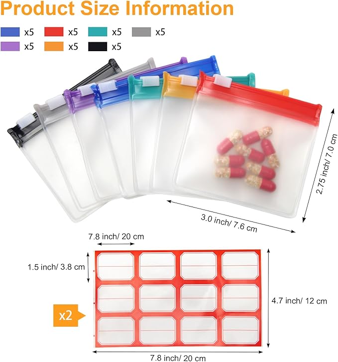 35+2 Pcs Pill Pouch Bags Zippered Pill Pouch Set with 2 Sheets Label, 7 Colors Pill Pouches for Medicine Travel Reusable Small Plastic Pill Bags for Travel/Home Daily use