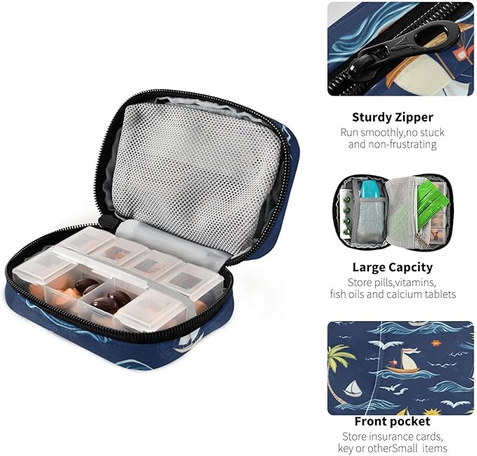 Travel Pill Case Palm Trees Ship Sun and Waves Weekly Small Pill Box 7 Day Pill Box Pill Organizer Bag
