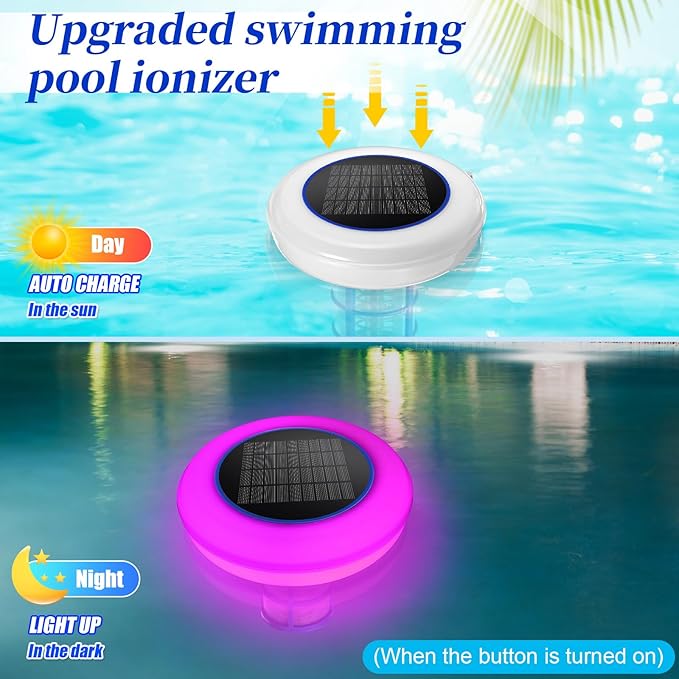 Qualirey Solar Powered Pool Ionizer with Colorful LED Lights, Floating Water Cleaner Purifier Include Large Floating Pool Thermometer, 4 Pcs Scum Eliminating Ball, Copper Anode Replacement Kit