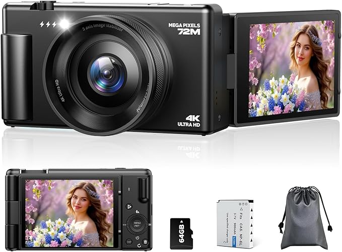 4K Digital Cameras for Photography, Compact Vlogging Camera with Flip Screen, 18X Digital Zoom YouTube Camera, Ideal for Bignners Boys Girls Black
