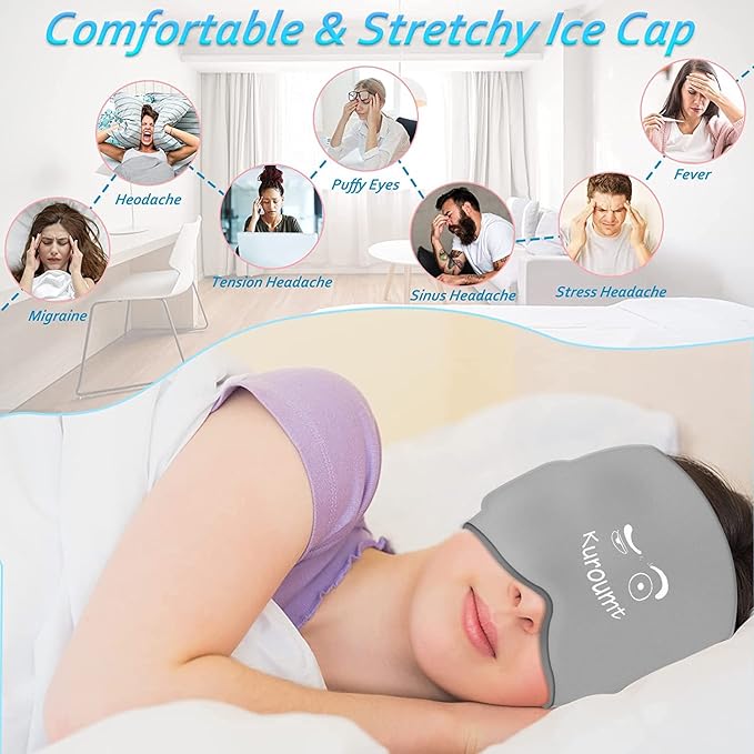 Gel Head Wrap, Migraine & Headache Relief Cap, Grey, Compact, Stretchable, Cold-Packs, Head Compress