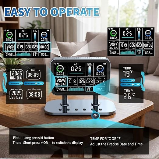 Air Quality Monitor Indoor,16 in 1 Smart Air Quality Monitor 6" Indoor Air Quality Meter VOC, AQI, HCHO, CO, Alarm, PM1.0, Temp, HUMI&CO2 PM2.5 Monitor,Indoor Air Quality Test for Home WiFi Connect